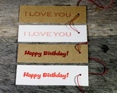 Letterpress Gift Tag Set, Red, I Love You, Happy Birthday