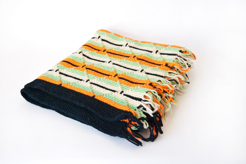 Vintage Afghan Orange Black Green Cream Stripes Retro Mid Century Design