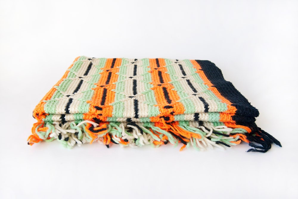 Vintage Afghan Orange Black Green Cream Stripes Retro Mid Century Design