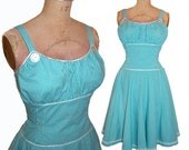 1950s Style Gathered Bust Dress Turquoise Gingham Full Circle Skirt Size Medium Ready to Ship