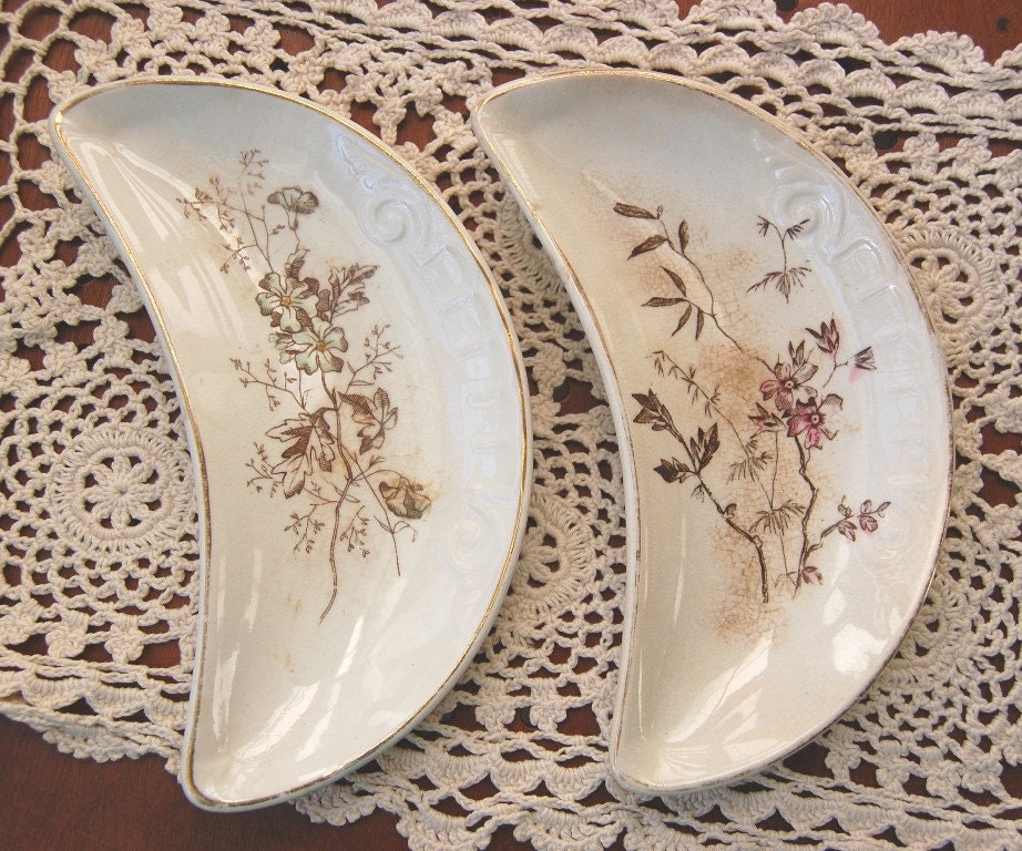 2 Vintage Antique Bone Dishes Shabby Chic  Brown Pink Green Wildflowers