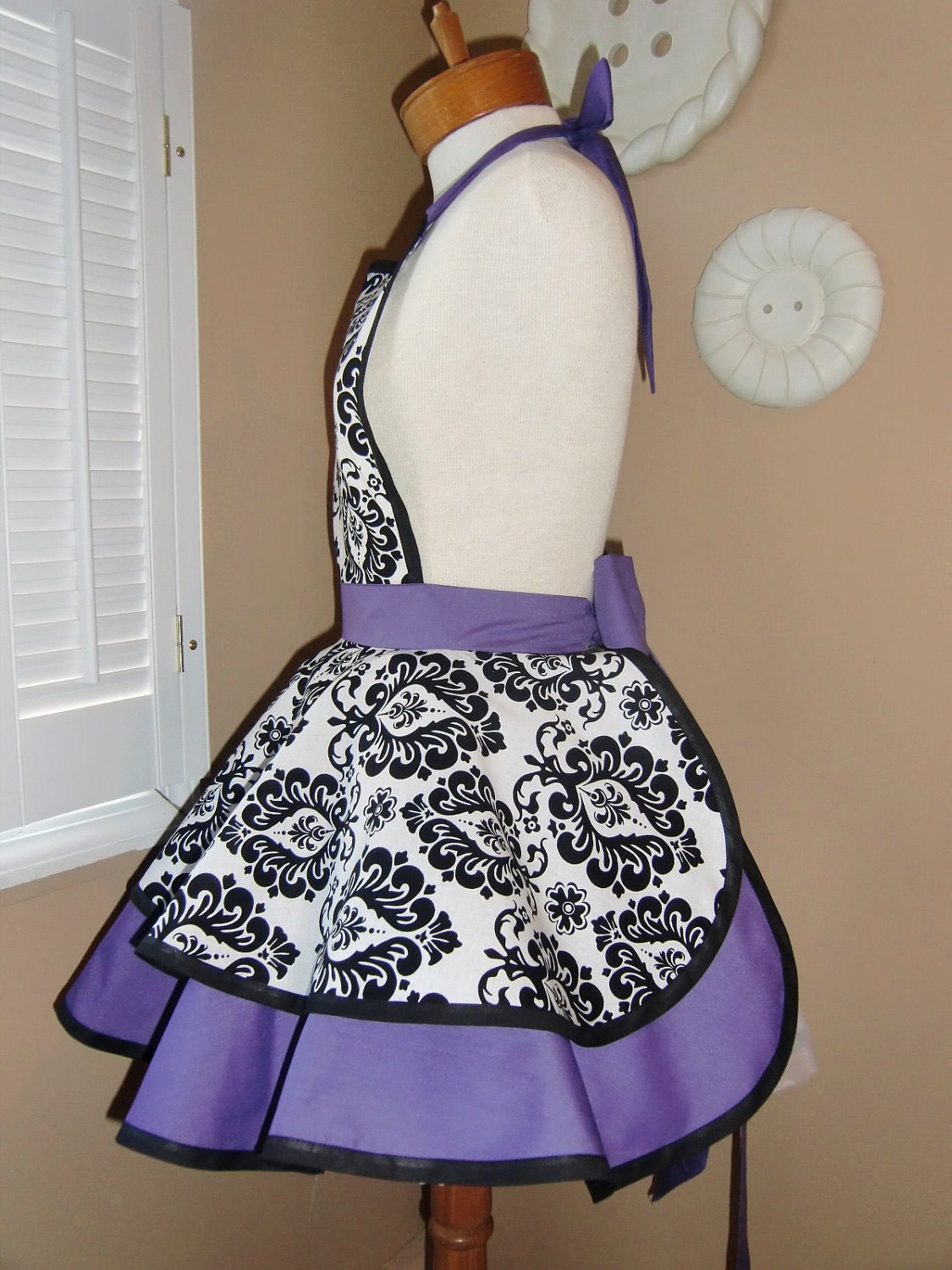 Damask Print Accented with Purple Womans Retro Apron With Tiered Skirt And Bib...Plus Size Available
