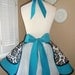 Damask Print Accented with Aqua Womans Retro Apron With Tiered Skirt And Bib