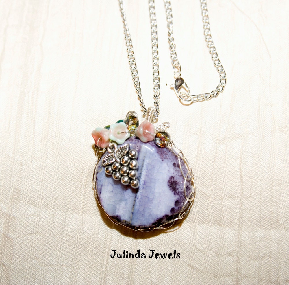 Purple Agate Pendant Necklace Sterling Silver Wire Wrapped with Silver Grapes Charm and Glass Flower Beads