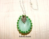Oval Green Agate Pendant Necklace Sterling Silver Wire Wrapped with Grapes Charm and Crystal Beads