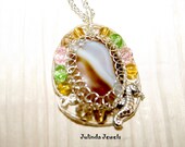 Pendant Necklace Oval Brown White Agate Sterling Wire Wrapped with Glass beads and Silver Seahorse Charm