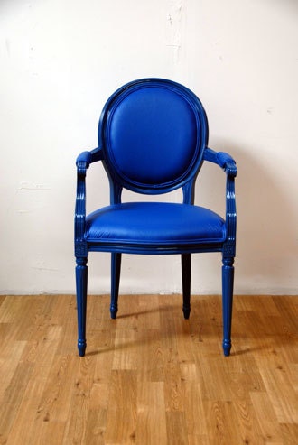 Blue Vinyl on Blue French Anitque Louis Armchair