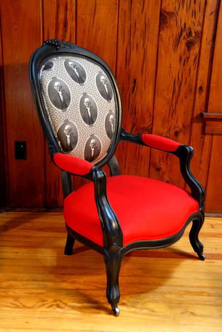 Antique Louis Style Parlor Chair Accent Armchair with Red Cotton & George Washington Fabric