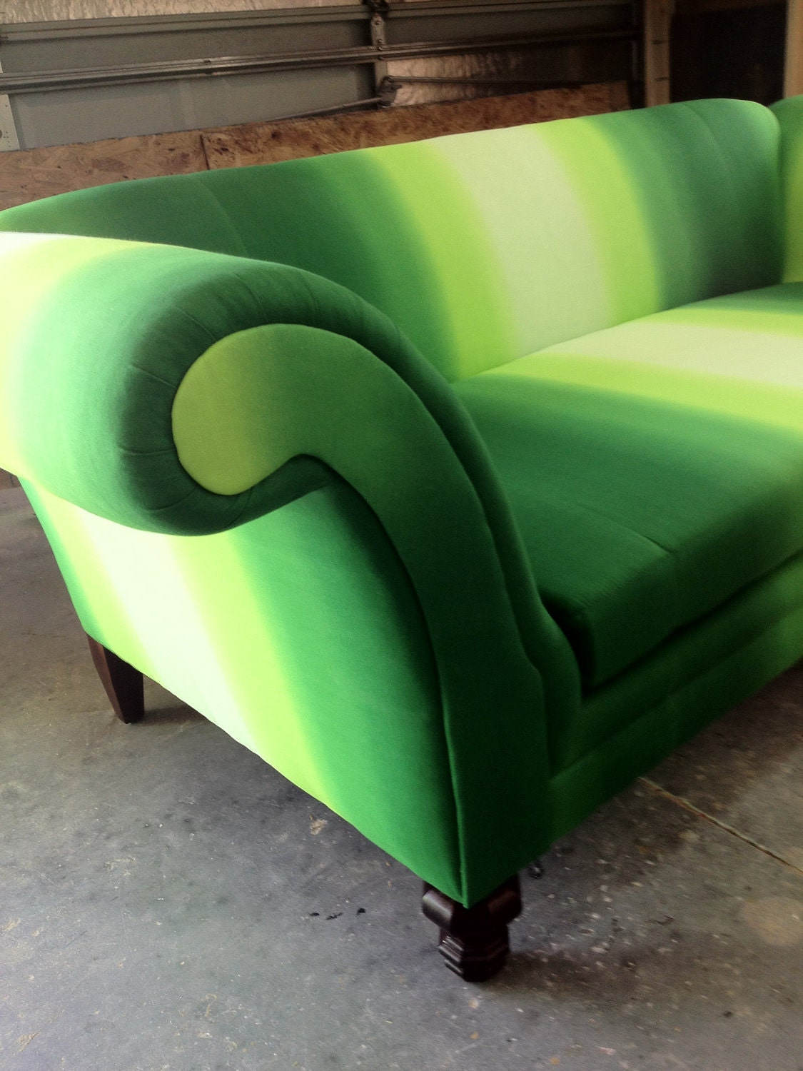 Whimsical Sofa Couch Rolled Arms - Shown in Unique Gradient Green Fabric - can be ANY FABRIC