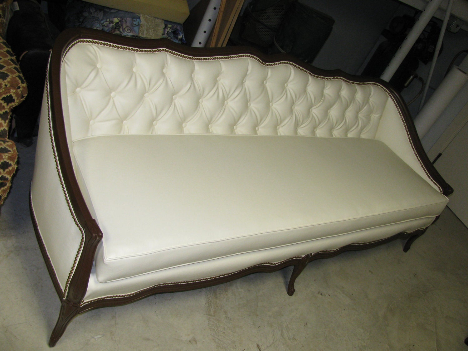 French White and Faux Leather Sofa Couch with Nailheads - Shown in Faux Leather Vinyl - can be ANY FABRIC