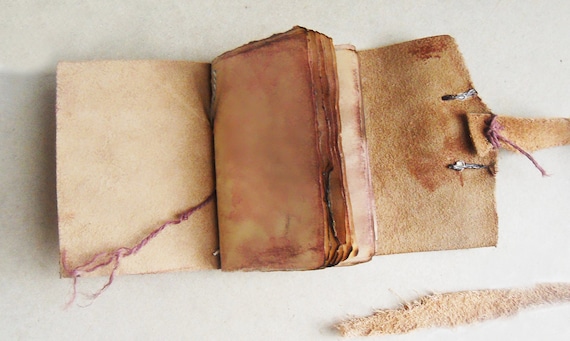 Ancient timeless Art journal. Handbound leather aged, burnt pages. Small rustic pocket journal. brown with clock.