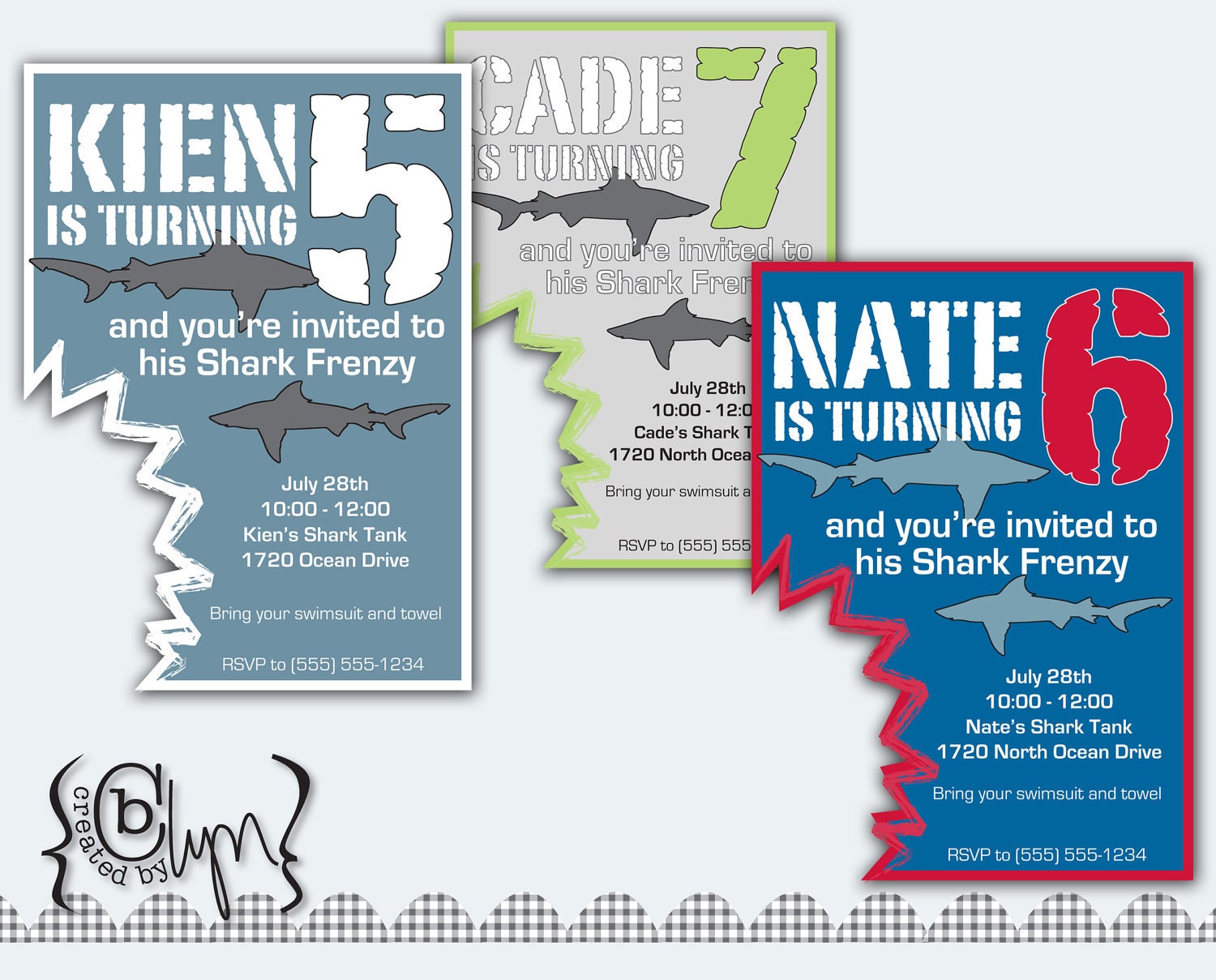 Shark Attack Birthday Party invitation with shark bite cut-out CUSTOM COLORS