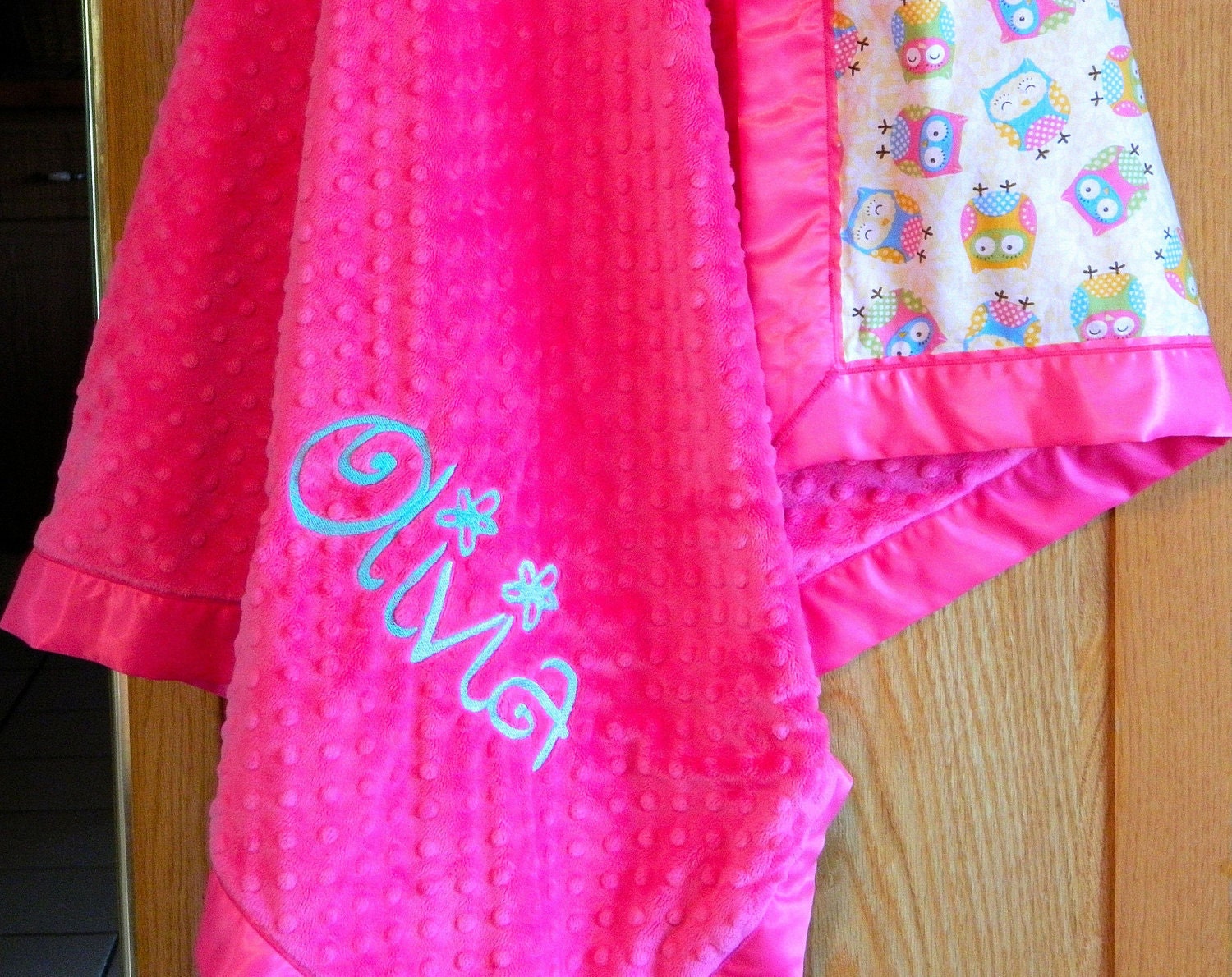 40x48 Personalized Minky and Satin Child Blanket ( Free monogramming with upgrade to large letters)