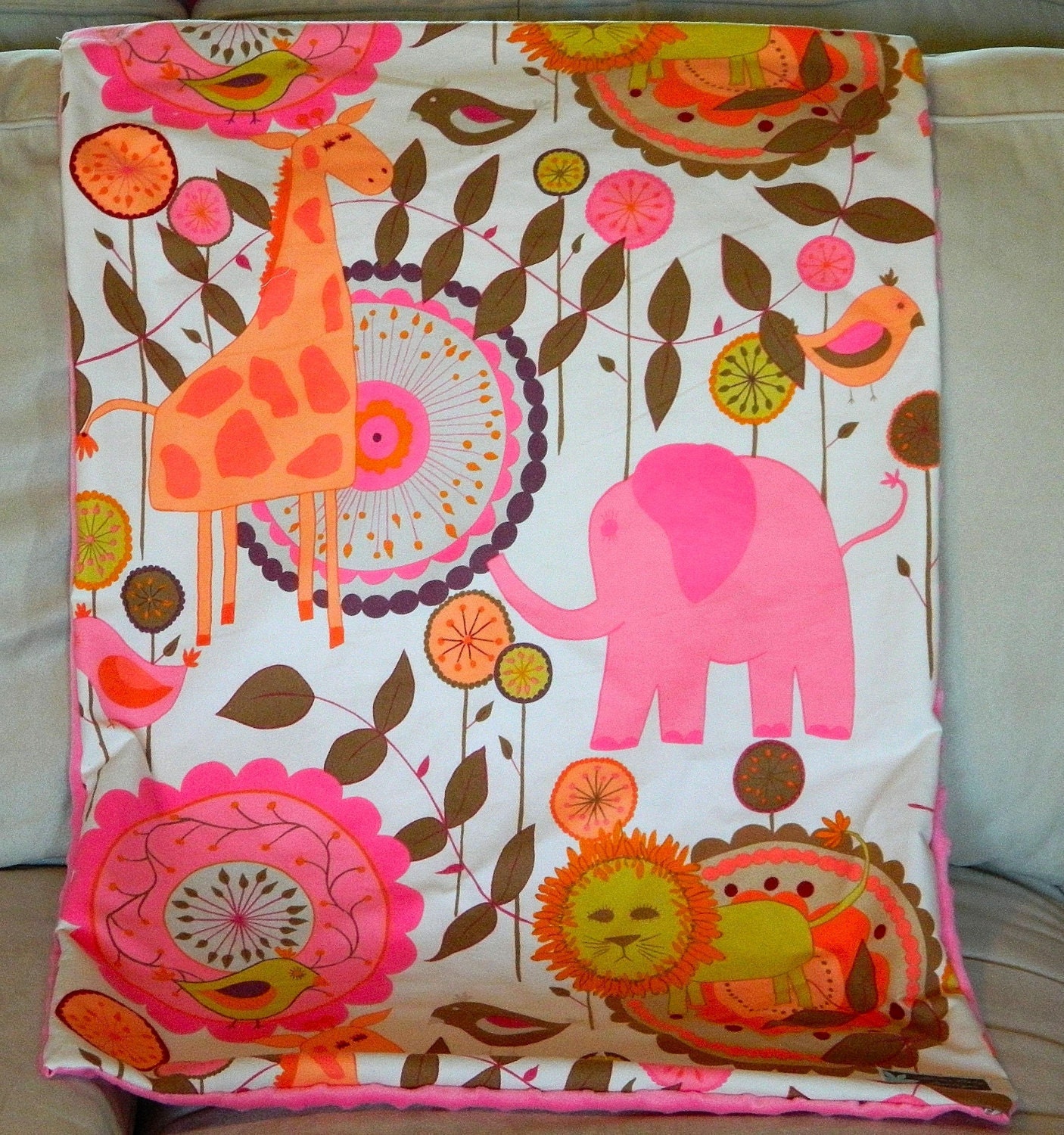 Ready2Ship 33X23 Minky Designer Baby Blanket (Urban Flannel Animal Friends in Raspberry Creme by Valori Wells)