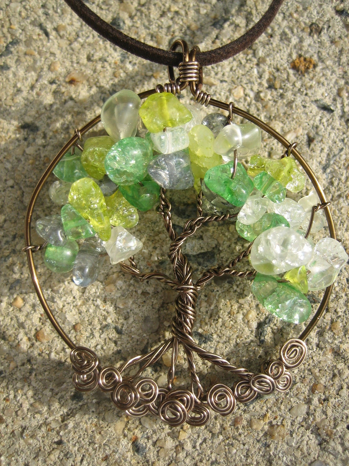 Tree of Life Pendant Necklace, Wire Wrapped, antiqued brass, green, blue, yellow glass--earthy, goddess, chunky, earth mother