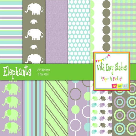 INSTANT DOWNLOAD Digital Scrapbook Paper Set-Elephants, light green, light blue, light purple and grey Il_570xn