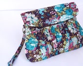 Clutch, Pleated Purse, Wristlet in Deep Purple and Blue Floral