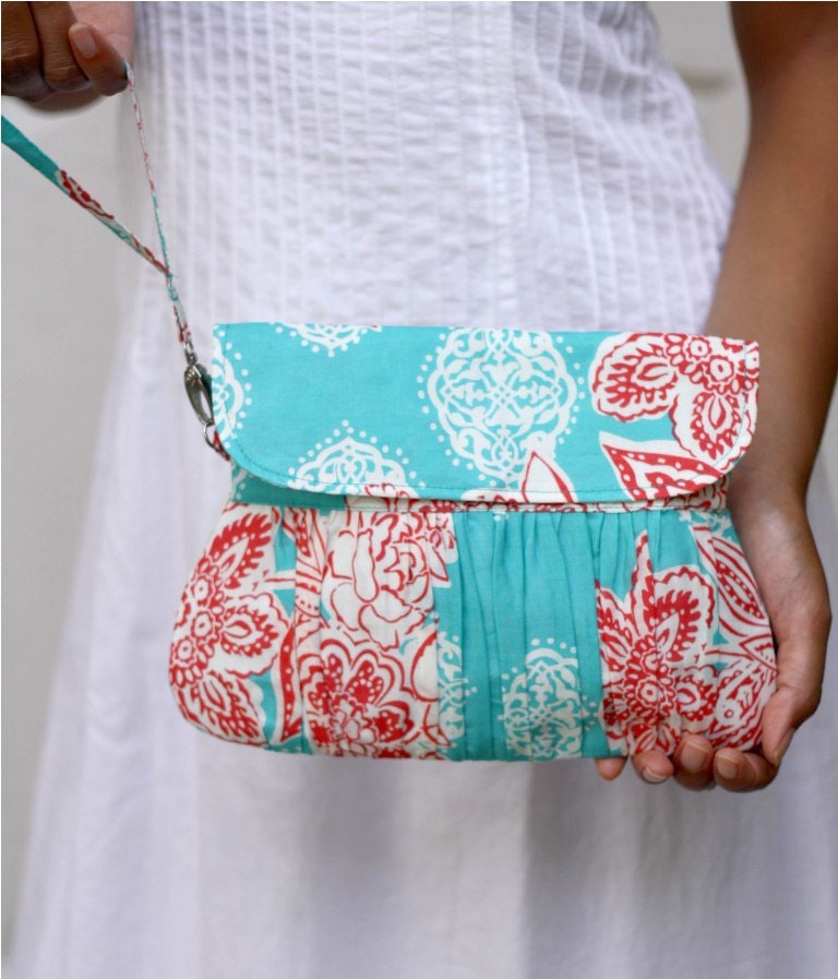 Pleated Wristlet/ Wristlet Purse, Aqua and Red, Ready to Ship