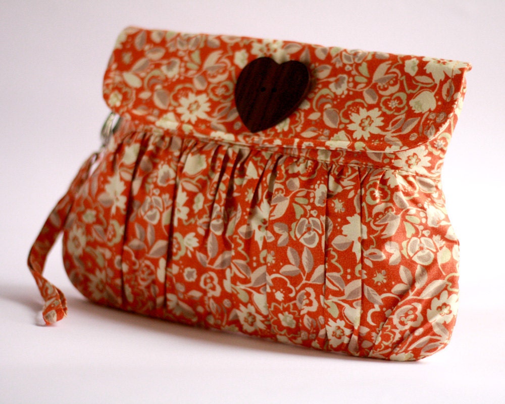 Orange clutch, fall/autumn fashion pleated wristlet with heart shaped button