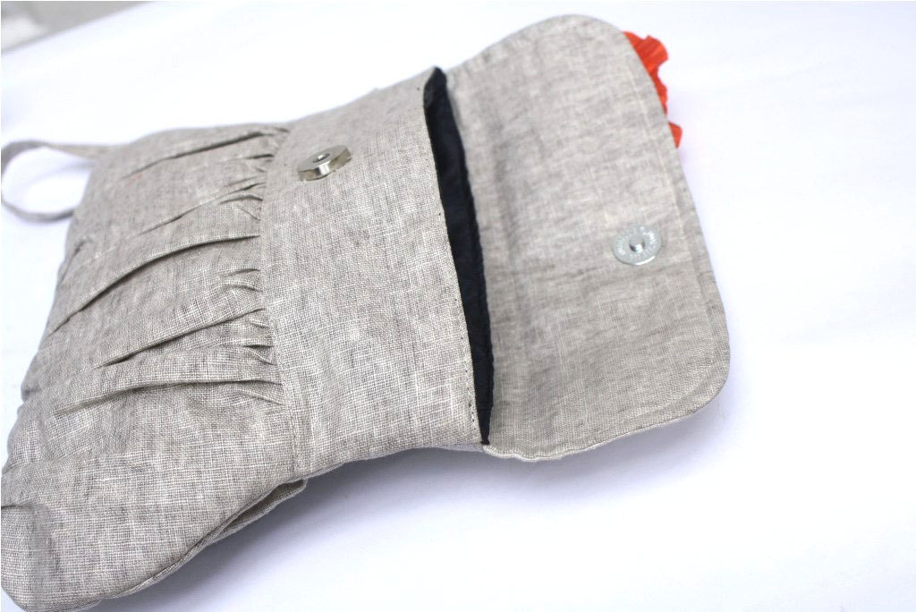 Wristlet Clutch Purse Grey Cotton linen with orange flower and detachable strap