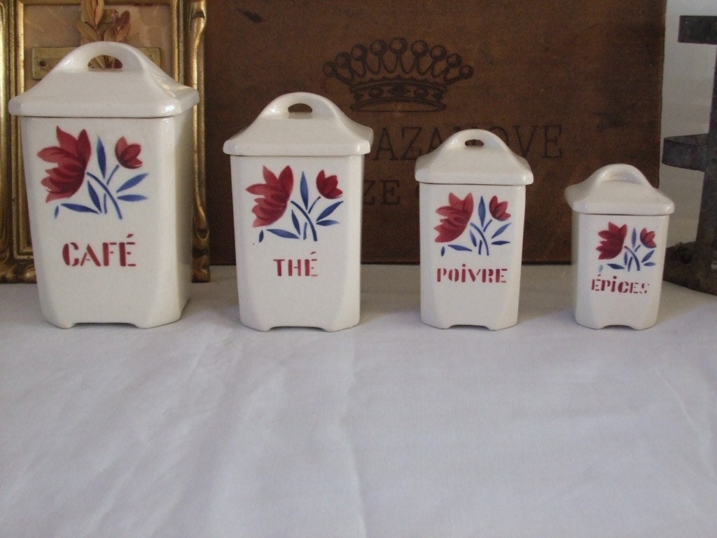 Vintage French country storage jars/cannisters.  Set of four.  BADONVILLER.  Country cottage chic