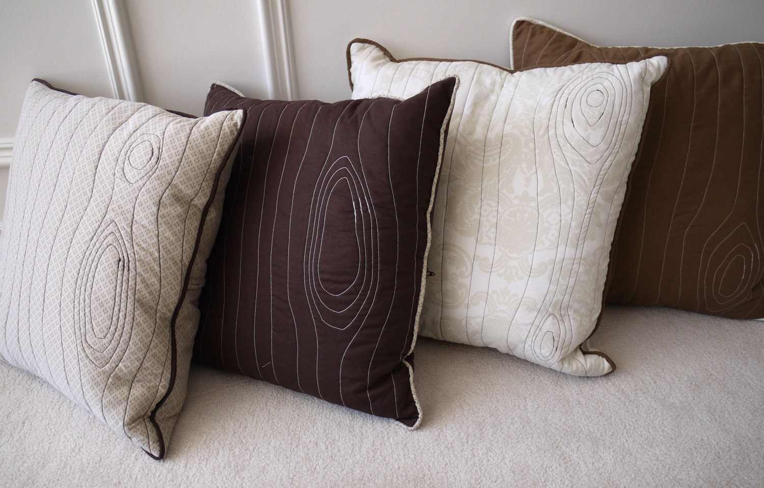 Eco friendly stitched wood grain "faux bois" decorative pillow cover, made from recycled fabric - beige print