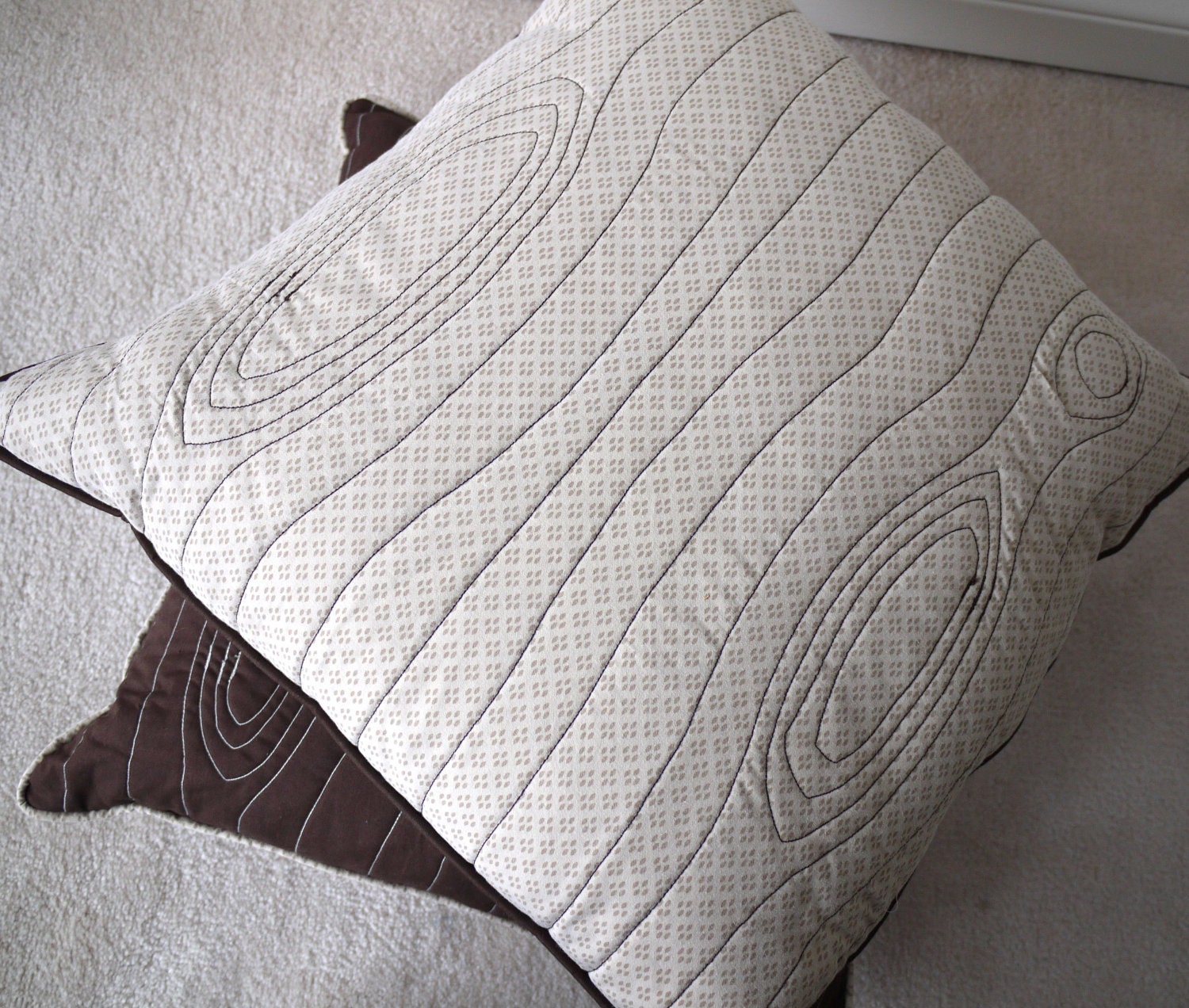 Eco friendly stitched wood grain "faux bois" decorative pillow cover, made from recycled fabric - beige print