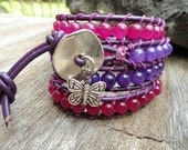 Amethyst Hot Pink  Leather Wrap Bracelet - beaded leather wrap bracelet - leather bracelet with butterfly charm - spring summer fashion
