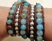 Blue Agate Beaded Leather Wrap Bracelet - blue and brown wrap bracelet - Aqua Blue with silver beads on brown leather - bohemian bracelets
