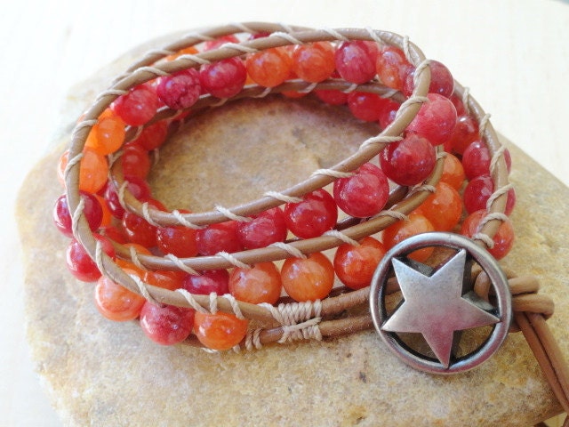 Orange and Watermelon leather wrap bracelet -  triple wrap bracelet - western southwestern leather jewelry - bohemian bracelets