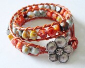 Orange Leather Wrap Bracelet - bohemian leather bracelet - boho chic leather jewelry - Metallic Copper Leather