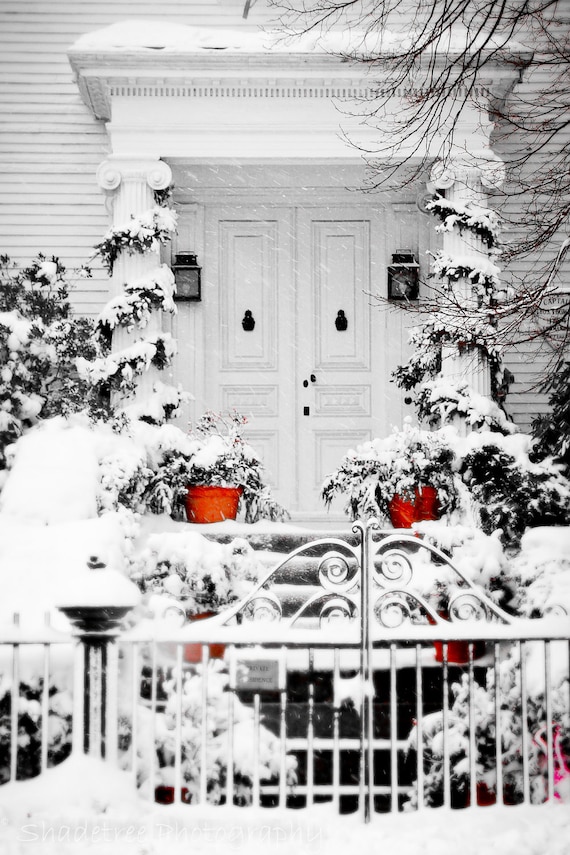 Door Photography Door White Red Colonial Christmas Holidays Rustic New England Snow Snowy, 8 x 12 Fine Art Print