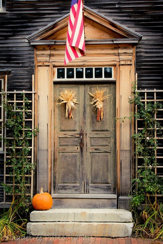 Fall Autumn Doorway Door Harvest Rustic Decor Pumpkin Orange Thanksgiving Halloween October Indian Corn, 8 x 10 Fine Art Print