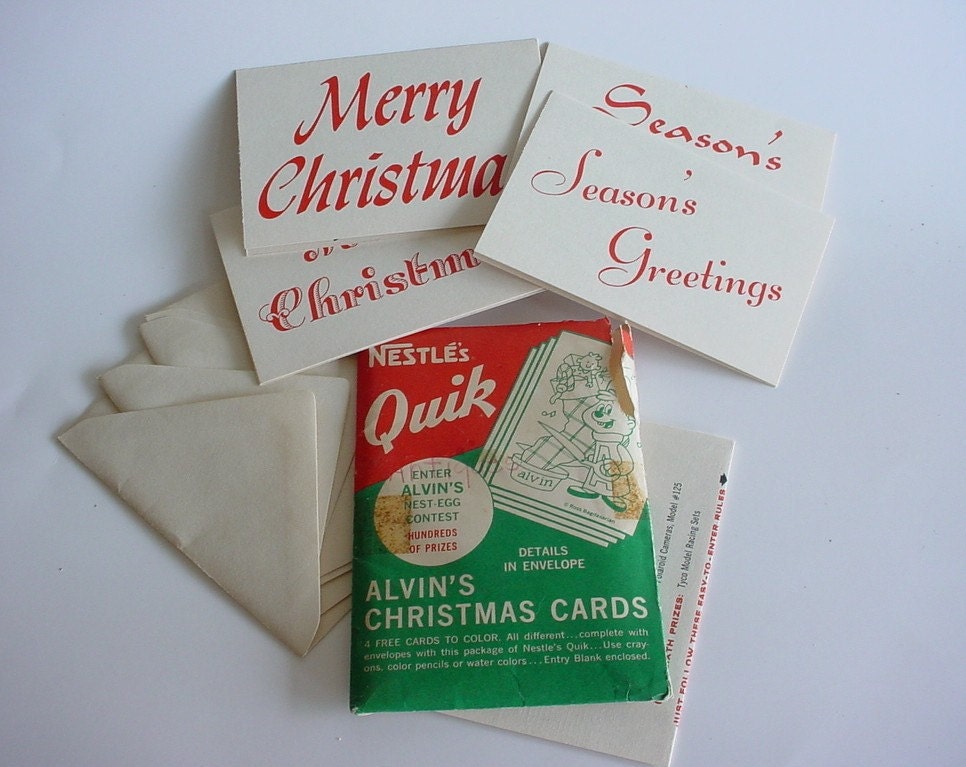 Alvin and the Chipmunks Vintage Christmas Cards Nestle's Quik 4 Cards & Envelopes 1960's