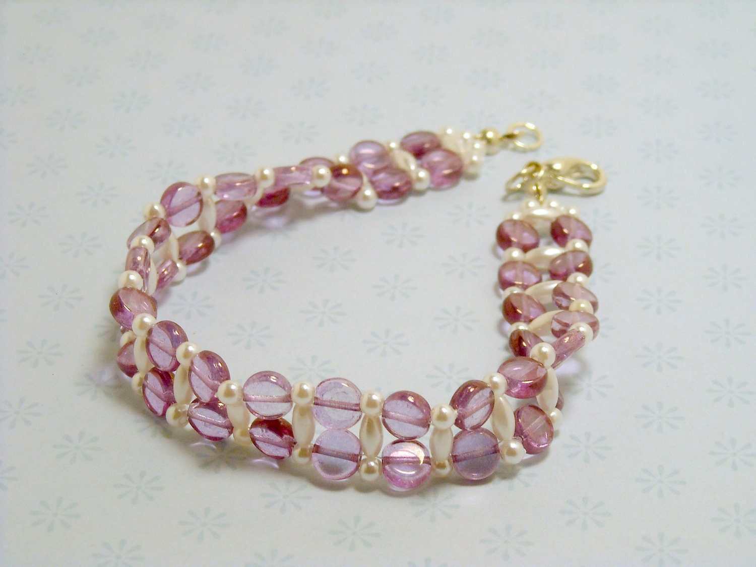 Bead Woven Bracelet Lavender Circle Beads and Pearls