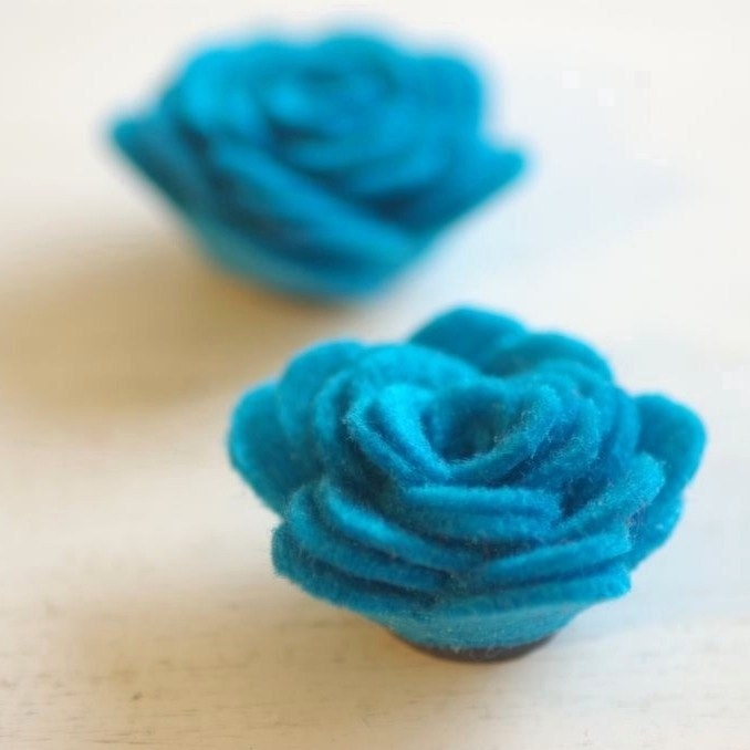 Felt Rose Magnet Set of 2 - Teal Blue -  1.5" / 3.5cm