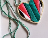 Emerald valentine necklace handmade embroidered heart with surprise love letter color block pink black emerald green and white