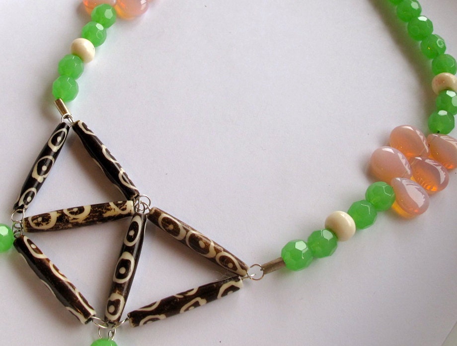 Necklace African geometric brown beads mint green and milky pink Czech beads Native American trade beads modern jewelry