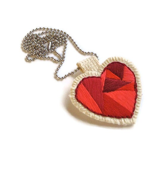 Valentine's Day heart necklace geometric handmade embroidered in reds on silver ball chain