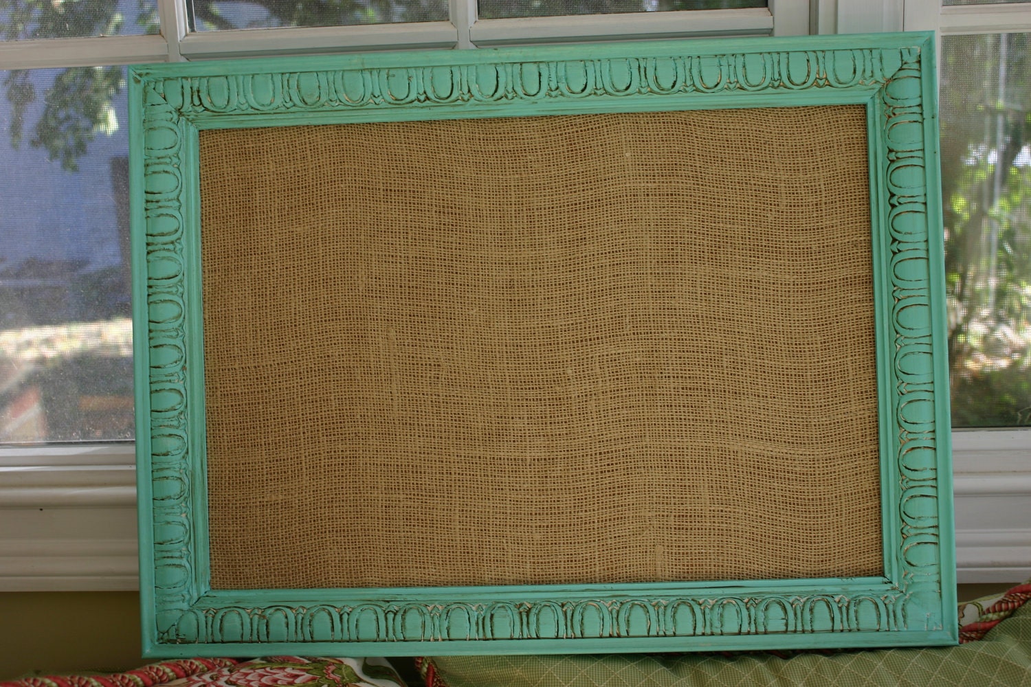Shabby Chic Bulletin Board in Tiffany Blue w/ Burlap - Small