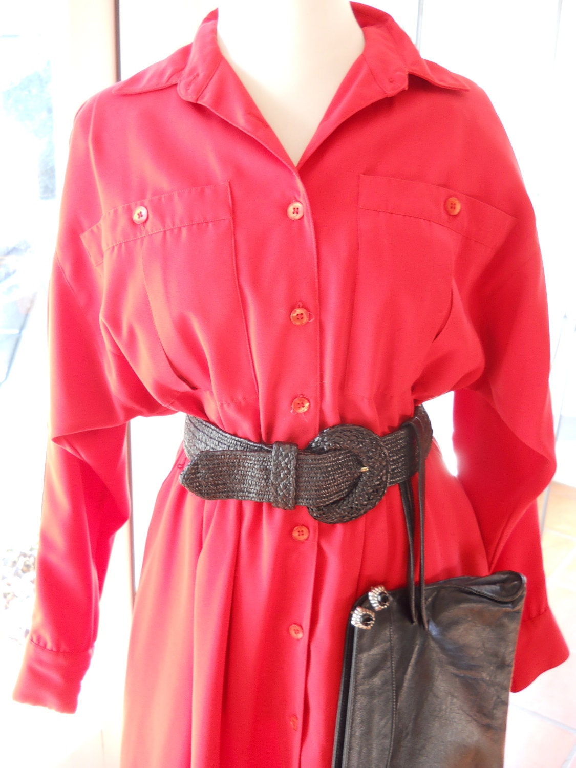 Vintage brilliant red long shirtwaist dress from 1980s - Size 10