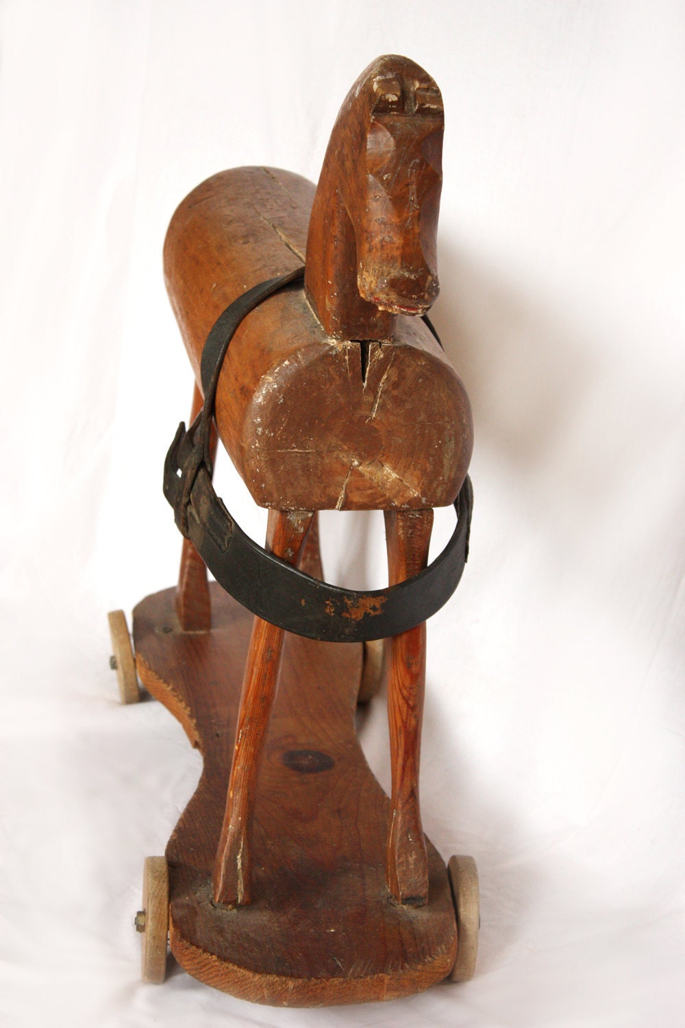Antique Beautiful early 1800's primitive  FRENCH Wooden rolling Toy HORSE