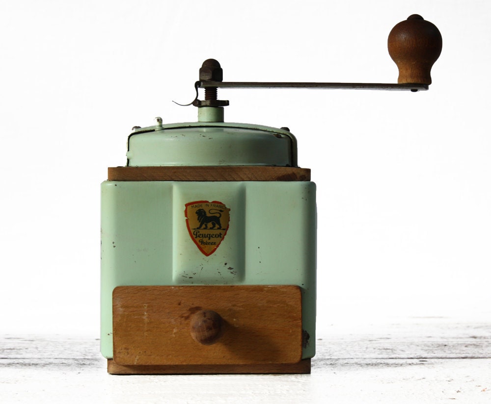 Rare French PEUGEOT ALMOND GREEN Metal and wood coffee grinder
