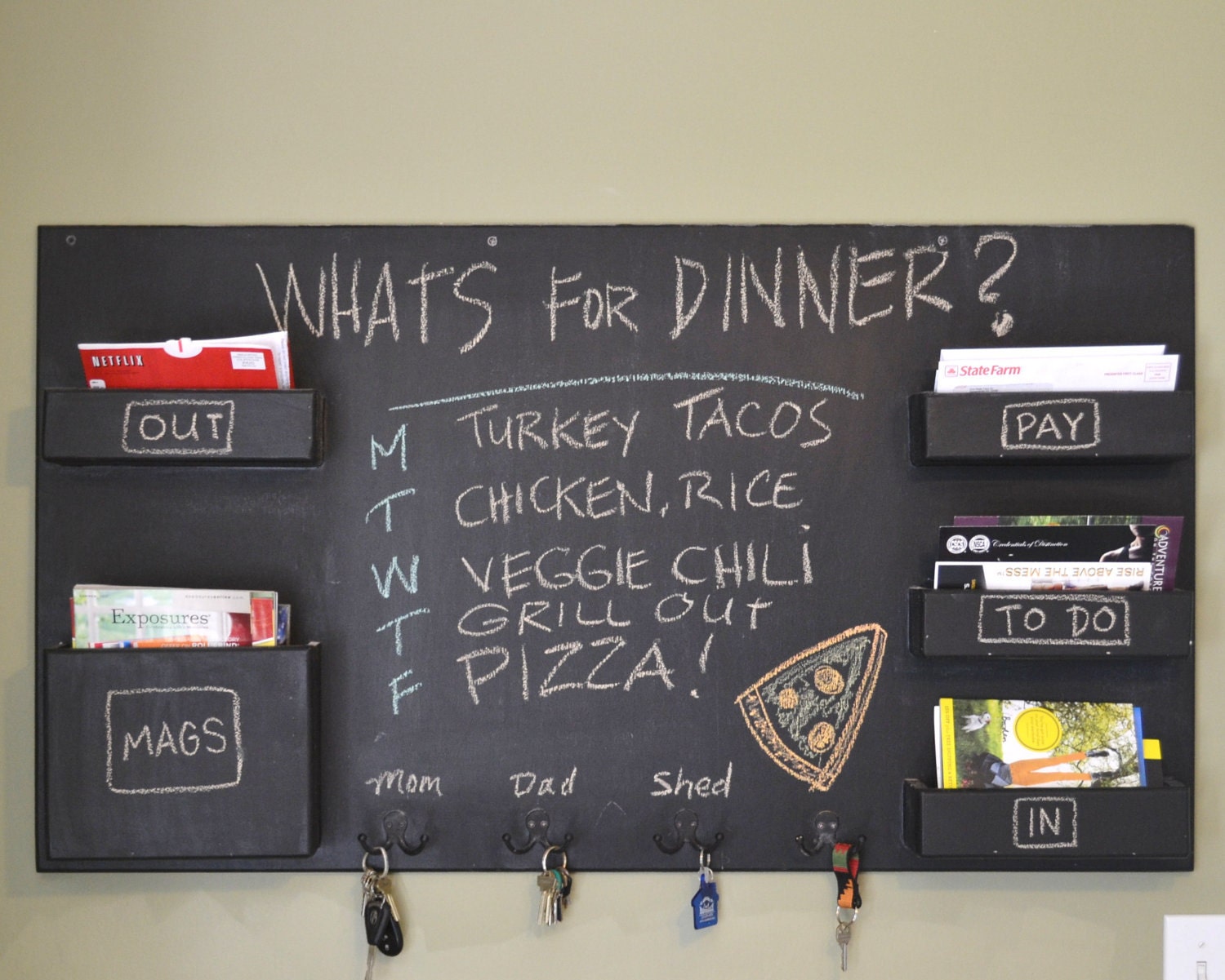 Chalkboard Mail Organizer Large wall mounted pockets with key hooks