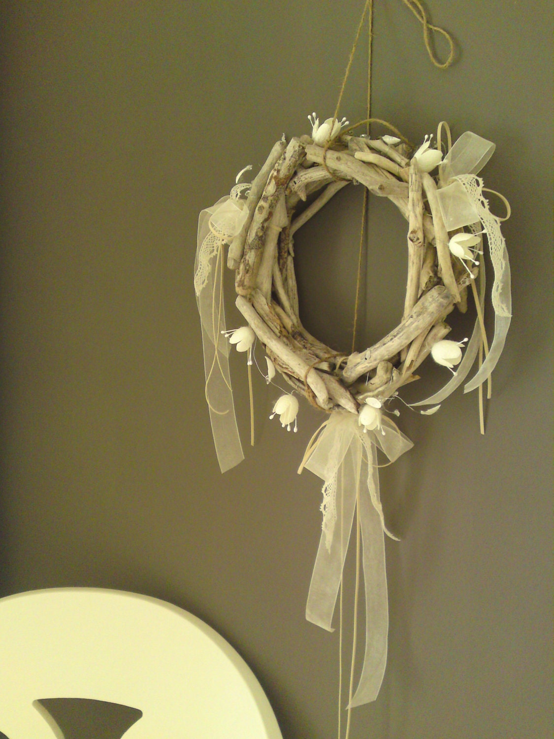 9.5 " Driftwood WREATH with silk cocoons, natural crystals and handmade vintage lace-Ready to ship