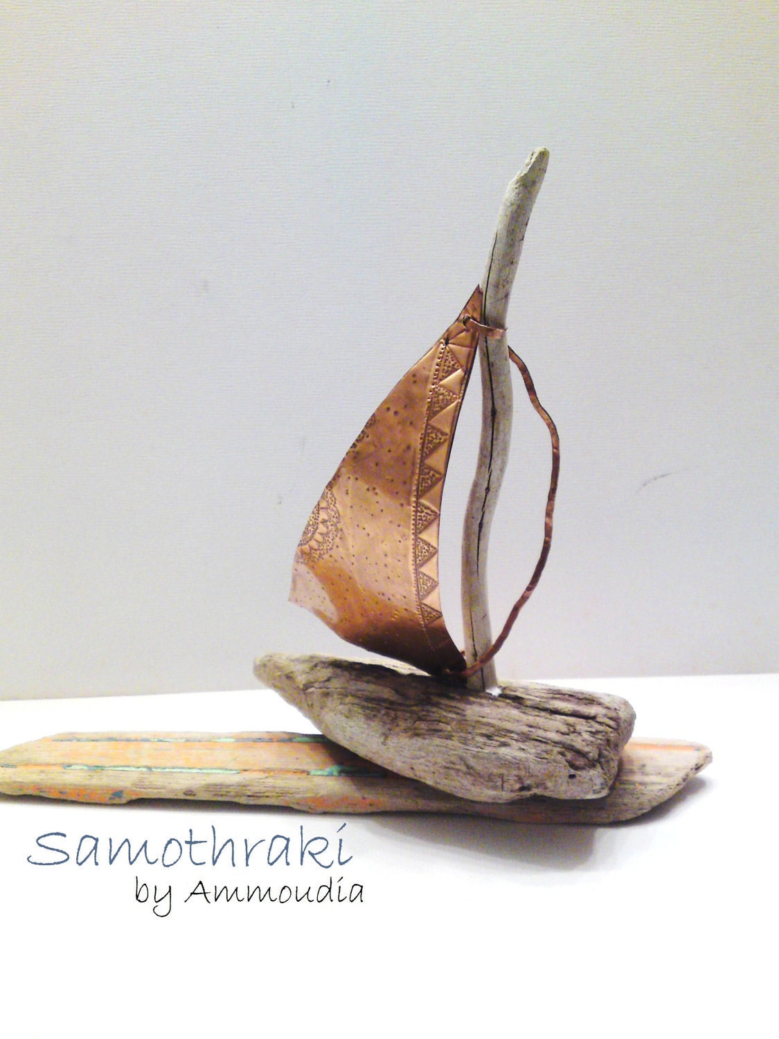 Samothraki - Driftwood Sailboat with sail from Copper- one of a kind -ready to ship