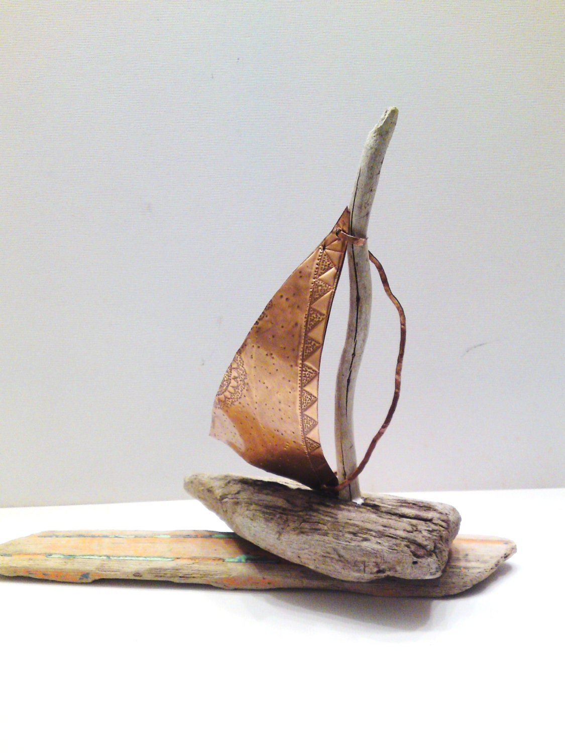 Samothraki - Driftwood Sailboat with sail from Copper- one of a kind -ready to ship