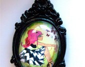 Original Art Butterfly Mod Girl with Pink Hair Cameo Pendant Necklace