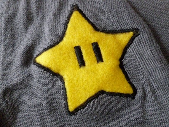 MARIO Inspired Cute Cardigan with Hand-made Applique and Hand-Made Invincibility Star Buttons