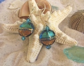 Aqua and Brown Murano Disc Earrings, Summer Colors, Simple Ocean and Sand Feel on Sterling Leverbacks - JemsbyJoan